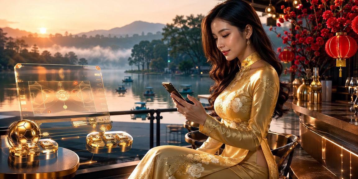 Người dùng tại Đà Lạt chơi casino di động trên điện thoại với trang phục áo dài truyền thống