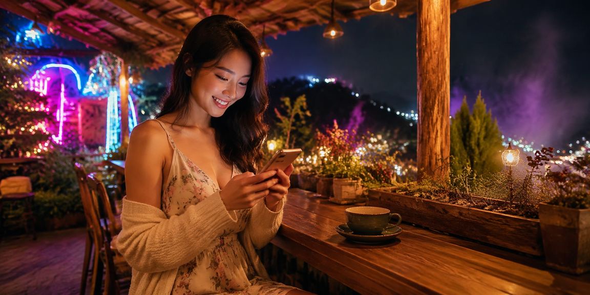 Người dùng thư giãn tại Đà Lạt với ly cà phê và điện thoại xem xổ số trực tuyến